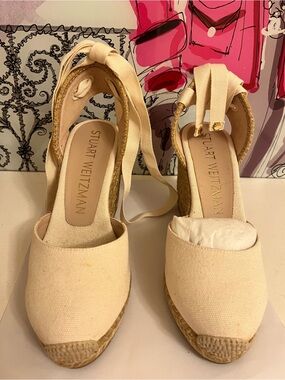 NWOT Stuart Weitzman Ivory Natural Canvas Espadrille Wedges with Ankle Tie - 6C